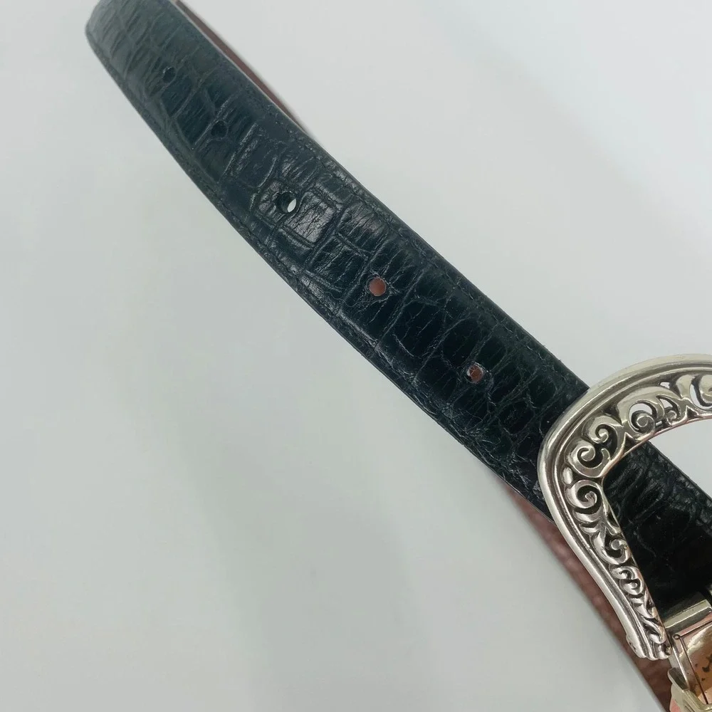 Brown Black Reversible Croc Embossed Leather Belt Ornate Silver Tone‎ Buckle